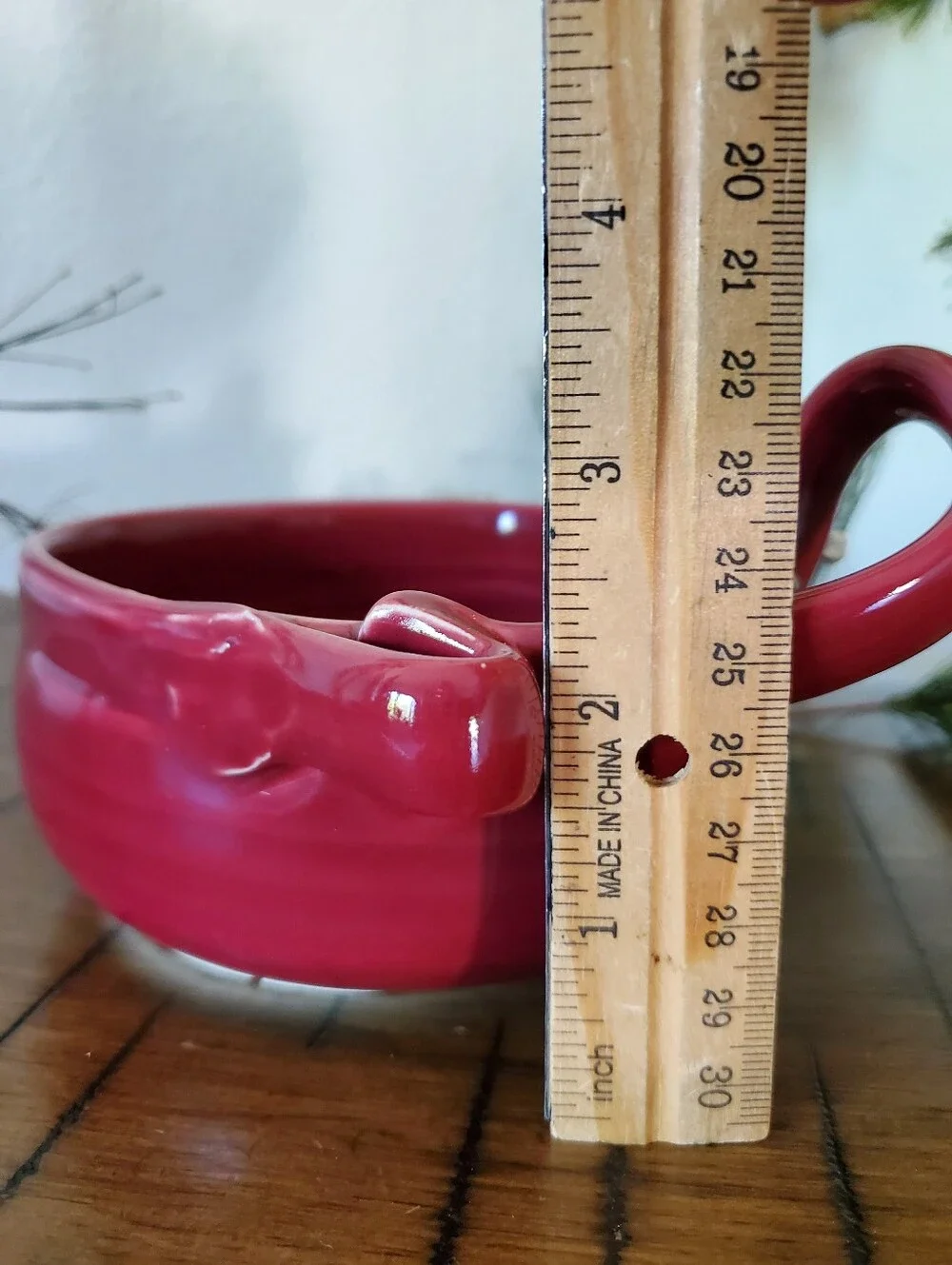 Artisan Handcrafted Red Ceramic Holiday Bowl Holly Berry Handle Festive Pottery
